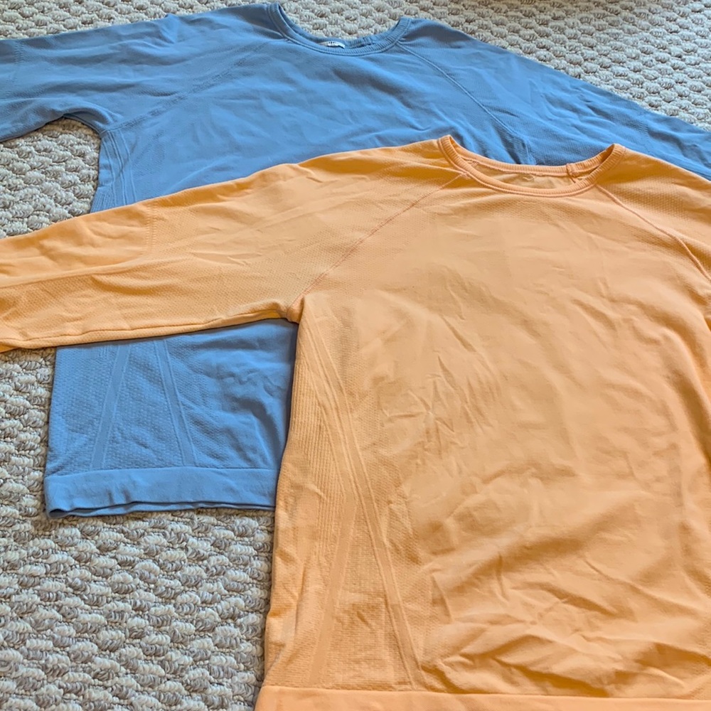 2 Pack Blue and Orange Athleta Girl Long Sleeved Power Up Top Size 8-10 to 10-12